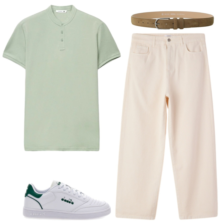Outfit uomo - Leggerezza. Stile Trendy per Tutti i giorni. Abbinamento con pantaloni, polo, cinture, sneakers.