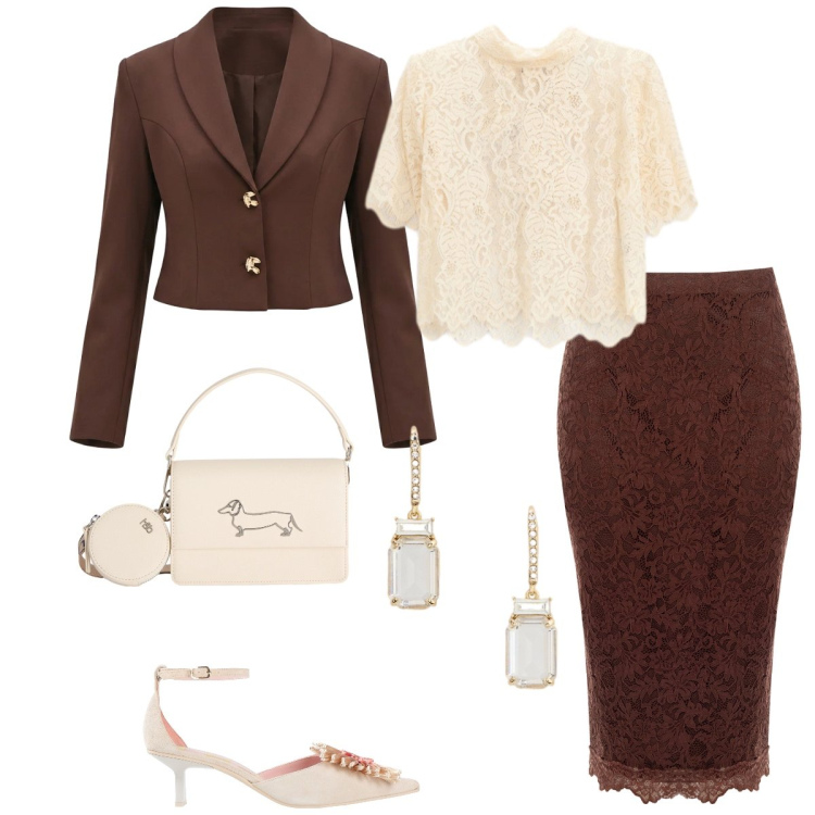 Outfit donna - Cerimonia. Stile Chic per Cerimonia. Abbinamento con décolleté, borse a tracolla, top, gonne longuette, blazer, orecchini.