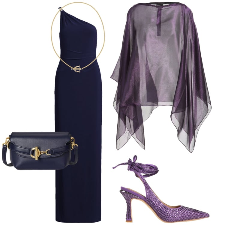 Outfit donna - Total look #2394469. Stile Chic per Cerimonia. Abbinamento con cappotti, décolleté, vestiti asimmetrici, borse a tracolla, ciondoli.