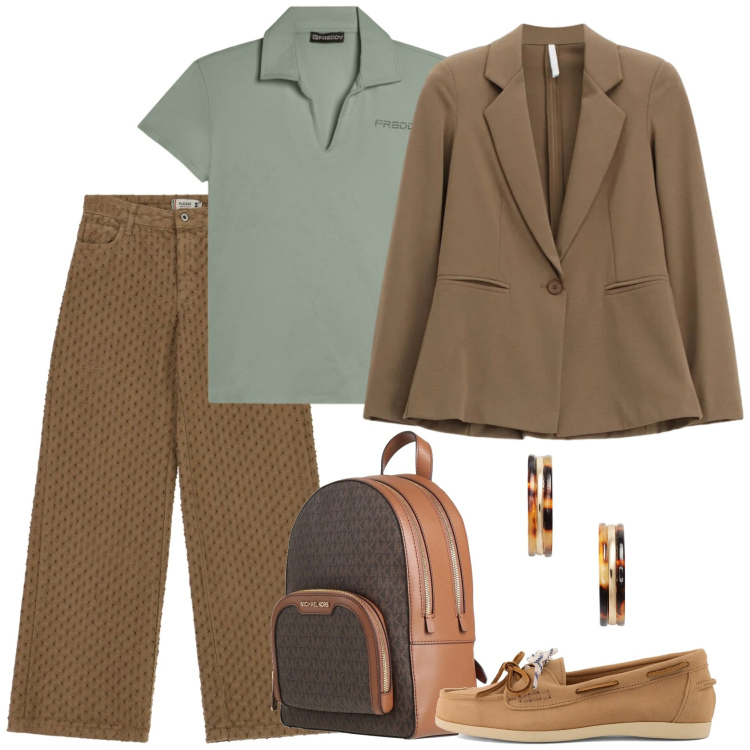 Outfit donna - Sempre di fretta. Stile Casual per Tutti i giorni. Abbinamento con zaini, pantaloni, blazer, t-shirt, orecchini, mocassini.