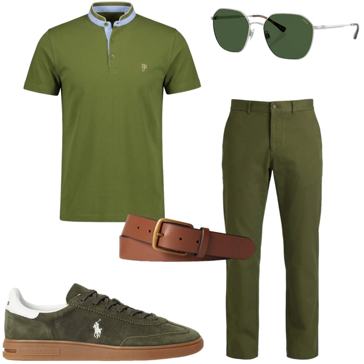 Outfit uomo - Monocolore. Stile Casual per Tutti i giorni. Abbinamento con pantaloni, polo, cinture, sneakers, occhiali da sole.