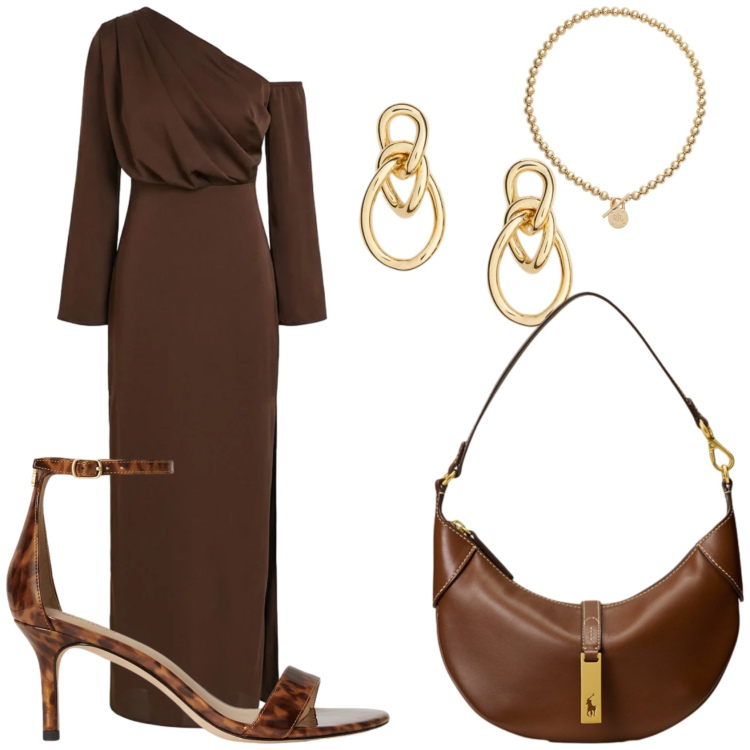 Outfit donna - Marrone di sera. Stile Glamour per Serata fuori. Abbinamento con vestiti lunghi, collane, orecchini, borse a spalla, sandali in pelle.