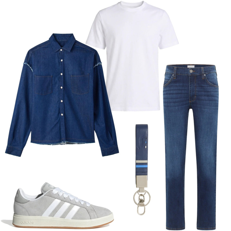 Outfit uomo - Denim style. Stile Casual per Tutti i giorni. Abbinamento con jeans dritti, camicie, portachiavi, t-shirt, sneakers.