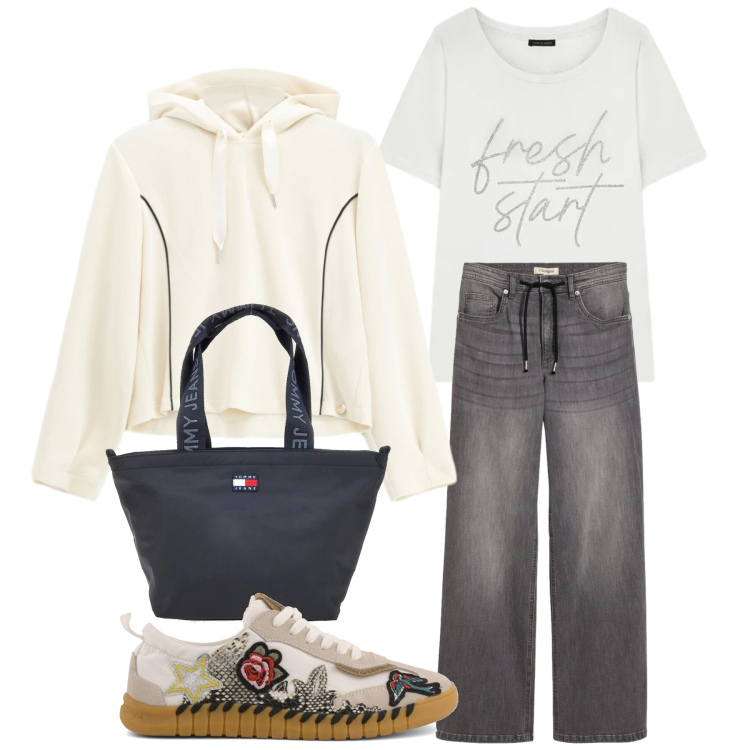 Outfit donna - Total look #2394478. Stile Casual per Scuola/Università. Abbinamento con jeans dritti, felpe con cappuccio, t-shirt, sneakers, borse tote.