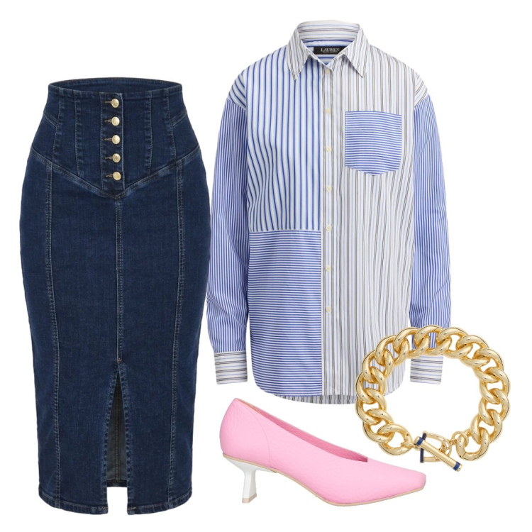 Outfit donna - Maggio. Stile Casual chic per Ufficio. Abbinamento con décolleté, gonne longuette, braccialetti, camicie.