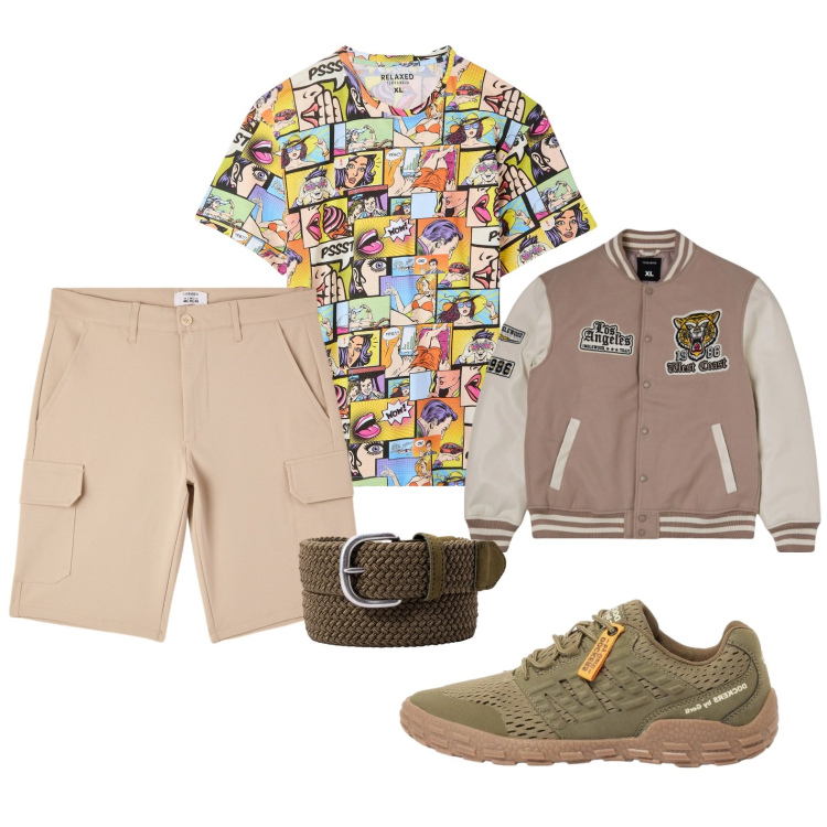 Outfit uomo - Spensierati. Stile Urban per Tutti i giorni. Abbinamento con sneakers, bomber, t-shirt, shorts, cinture.