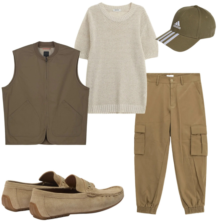 Outfit uomo - Maggio. Stile Urban per Tutti i giorni. Abbinamento con maglieria, pantaloni cargo, scarpe stringate, gilet, cappelli con visiera.