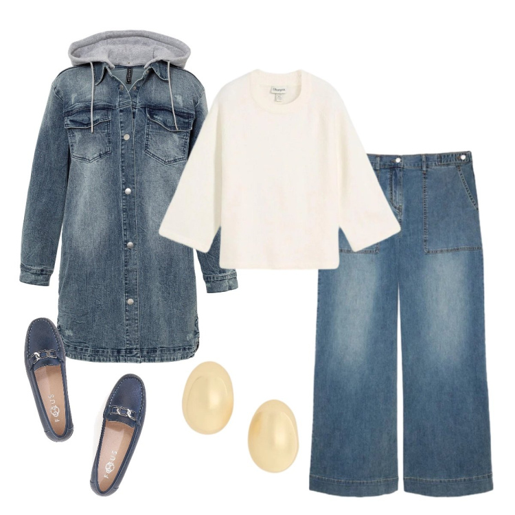Outfit donna - Giacca denim. Stile Urban per Scuola/Università. Abbinamento con blazer, t-shirt, jeans, orecchini, mocassini.