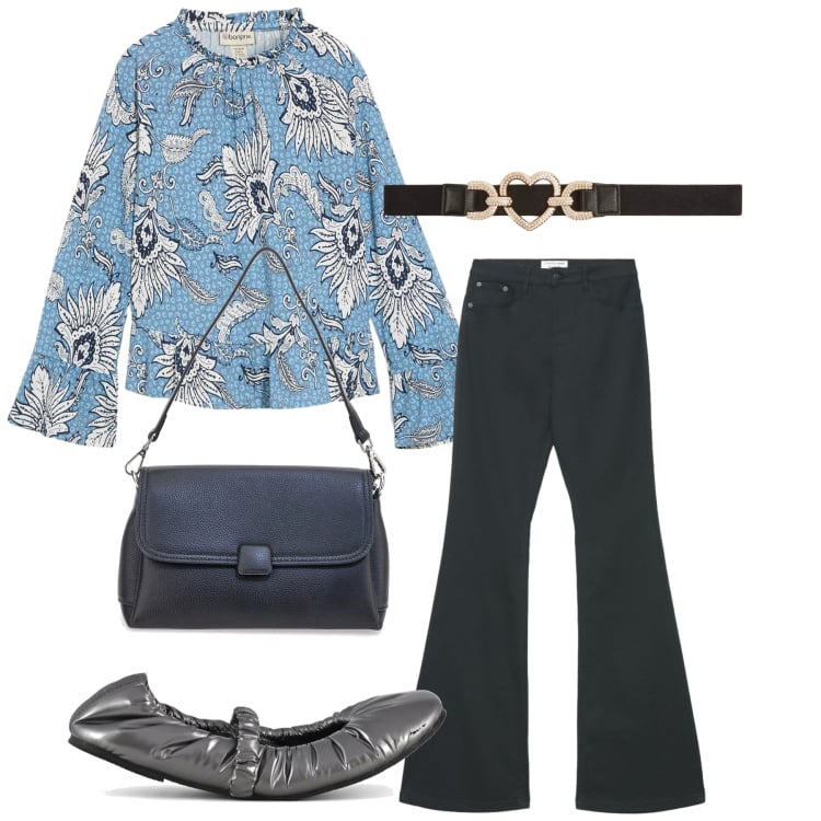 Outfit donna - Total look #2394487. Stile Basic per Tutti i giorni. Abbinamento con bluse, cinture, jeans a zampa, ballerine, borse a spalla.