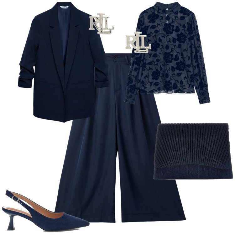 Outfit donna - Chic serata evento speciale. Stile Chic per Serata fuori. Abbinamento con bluse, pantaloni, blazer, orecchini, pochette, décolleté.
