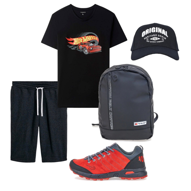 Outfit uomo - Total look #2394490. Stile Casual per Tutti i giorni. Abbinamento con bermuda, t-shirt sportive, cappelli con visiera, scarpe sportive, borse sportive.
