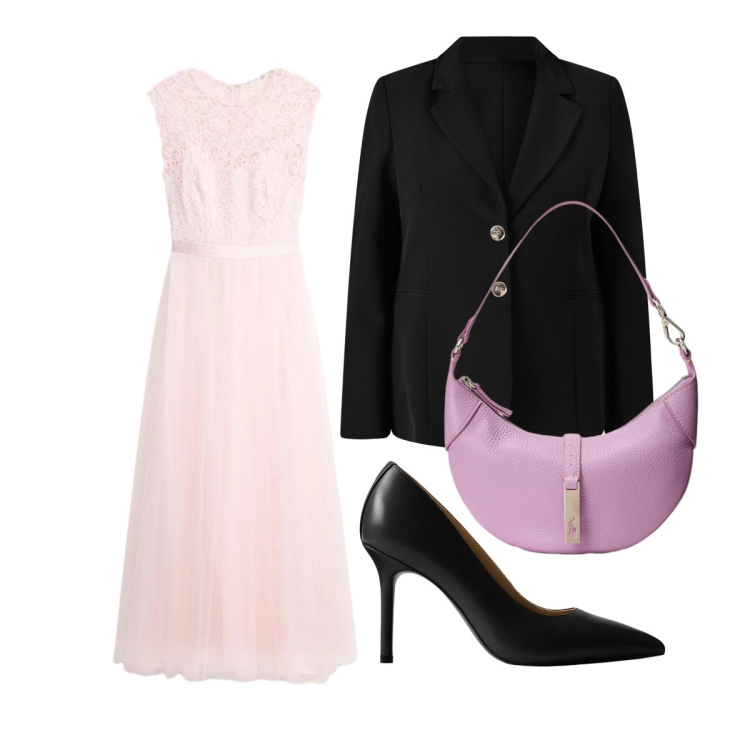 Outfit donna - Maggio romantico curvy. Stile Chic per Serata fuori. Abbinamento con vestiti, blazer, décolleté, borse a spalla.