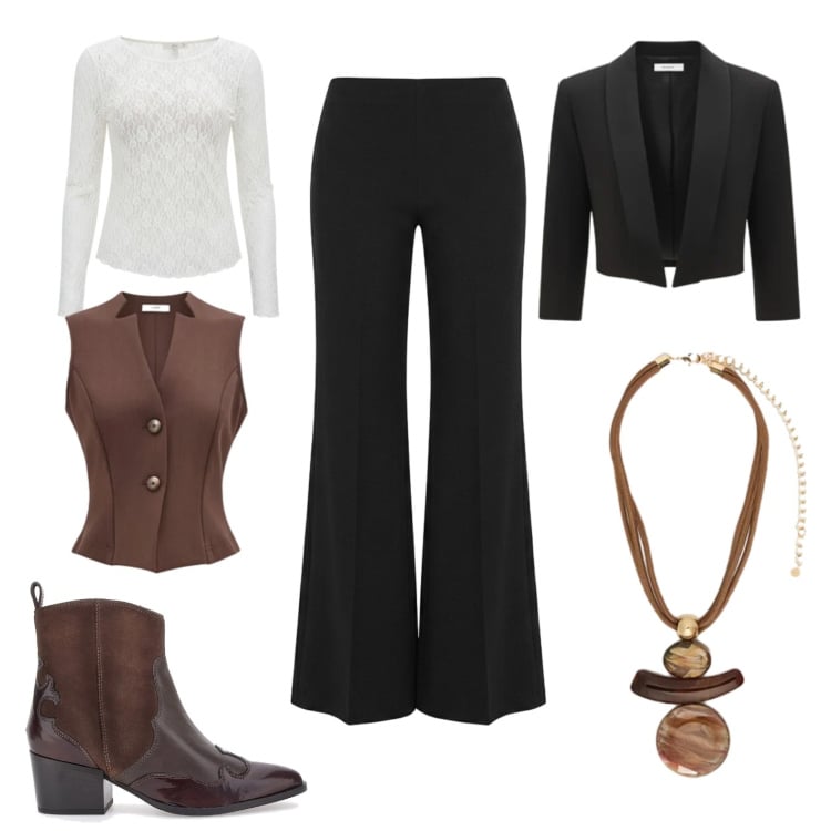 Outfit donna - Office outfit. per Ufficio. Abbinamento con gilet, bluse, pantaloni a palazzo, bolero, ciondoli, stivaletti texani.