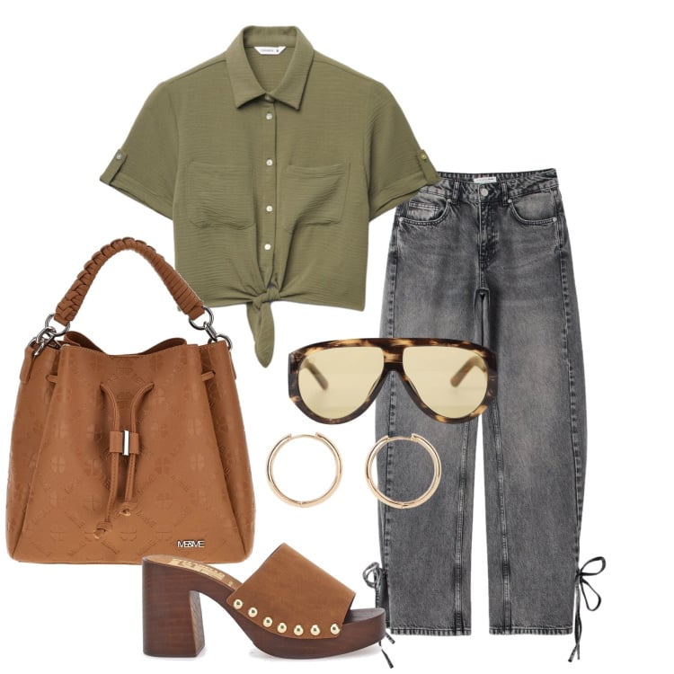 Outfit donna - Maggio. Stile Casual per Tutti i giorni. Abbinamento con orecchini, camicie a manica corta, jeans, occhiali da sole, zoccoli, borse a tracolla.
