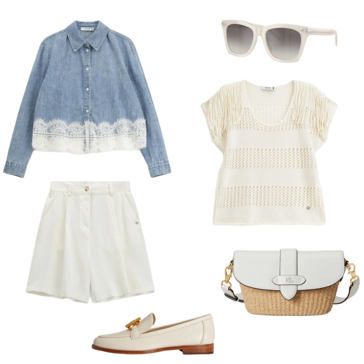 Outfit donna - Bianco splendor. Stile Casual chic per Tutti i giorni. Abbinamento con camicie, bermuda, top, borse a spalla, occhiali da sole, mocassini.
