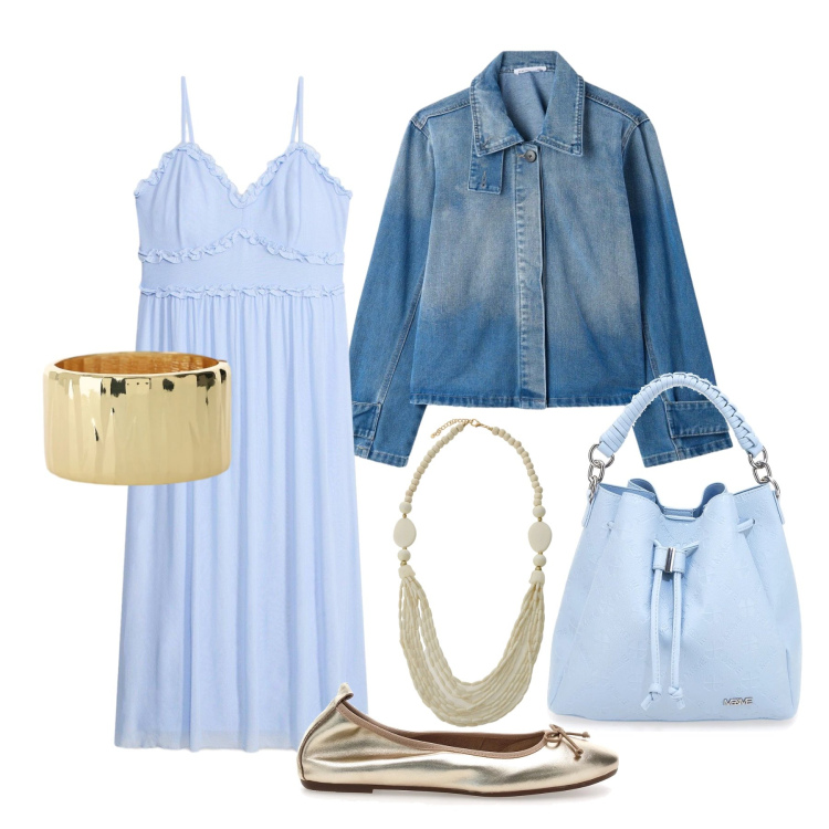 Outfit donna - Maggio. Stile Trendy per Tutti i giorni. Abbinamento con vestiti, cappotti, collane, braccialetti, ballerine, borse a secchiello.