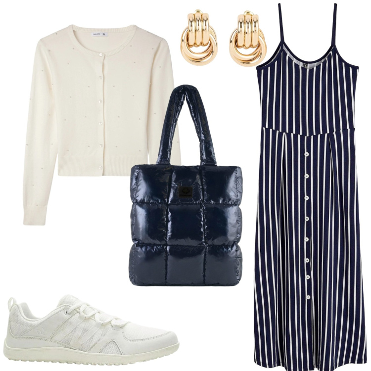 Outfit donna - Casual e femminile. Stile Casual per Tutti i giorni. Abbinamento con vestiti midi/longuette, orecchini, sneakers, cardigans, shopping bag.