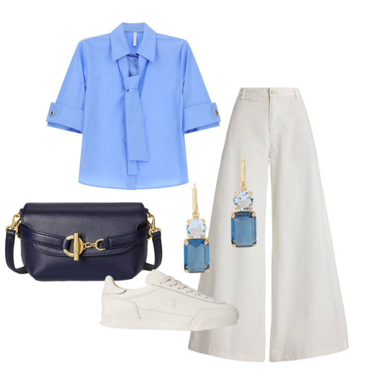 Outfit donna - Maggio. Stile Casual chic per Tutti i giorni. Abbinamento con camicie a manica corta, borse a tracolla, orecchini, pantaloni, sneakers.