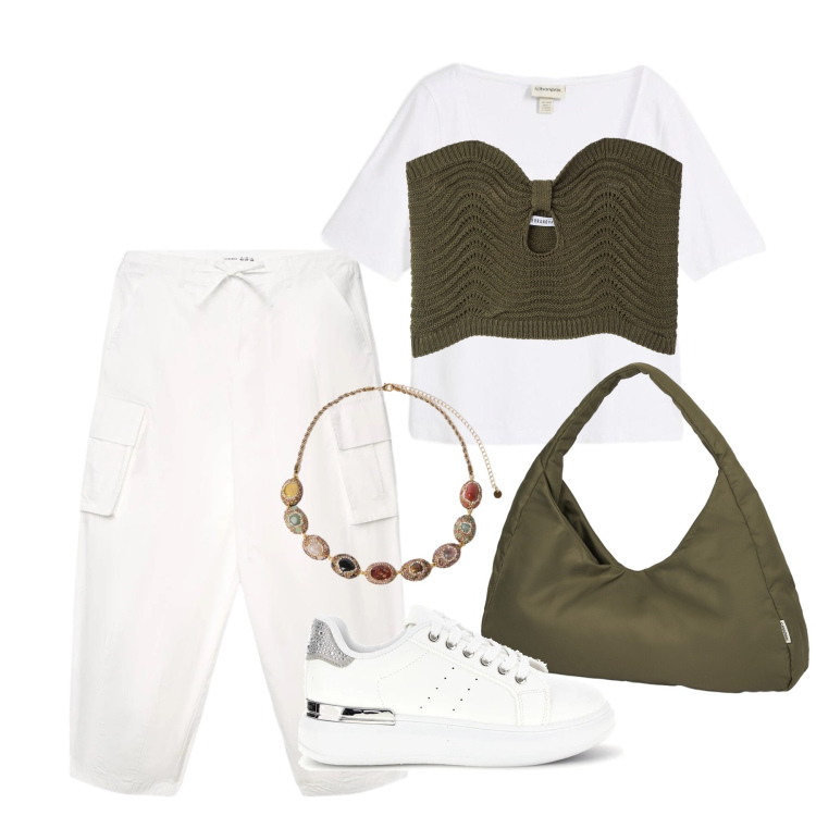 Outfit donna - Maggio. Stile Trendy per Tutti i giorni. Abbinamento con t-shirt, top, pantaloni cargo, borse a spalla, collane, sneakers.