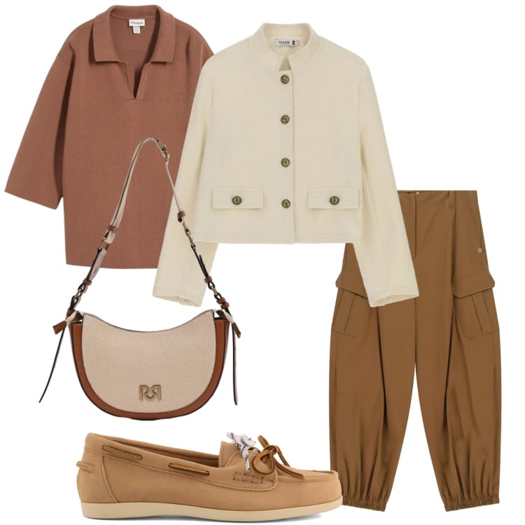 Outfit donna - Urban primaverile. Stile Urban per Tutti i giorni. Abbinamento con polo, pantaloni cargo, cappotti, borse a tracolla, mocassini.