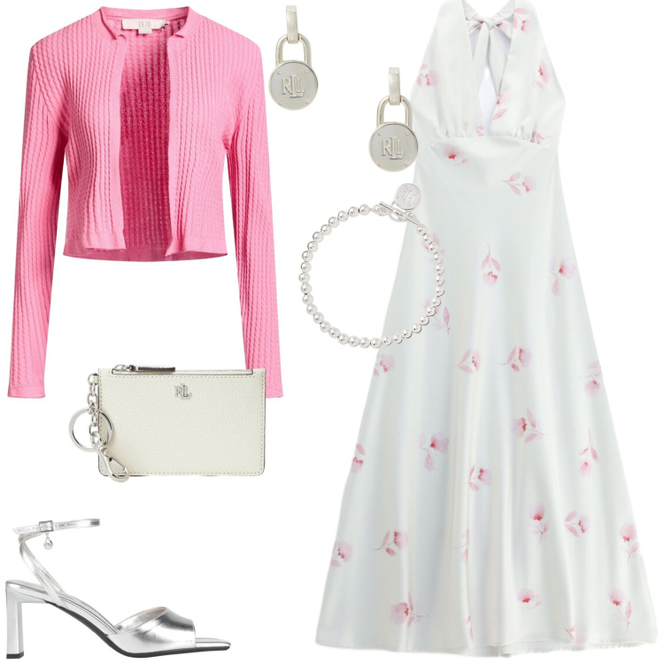 Outfit donna - L\'abito da cerimonia. Stile Glamour per Cerimonia. Abbinamento con cardigans, sandali col tacco, vestiti lunghi, braccialetti, orecchini, portafogli.