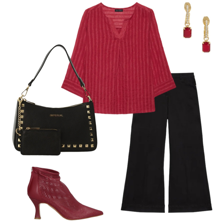 Outfit donna - Serata fuori. Stile Casual chic per Serata fuori. Abbinamento con stivaletti, borse a spalla, bluse, pantaloni, orecchini.