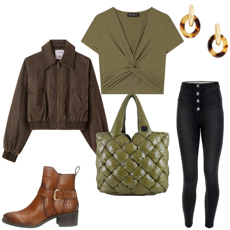 Outfit donna - Femminilità casual. Stile Casual per Tutti i giorni. Abbinamento con bomber, borse tote, t-shirt, jeans skinny, orecchini, stivaletti.