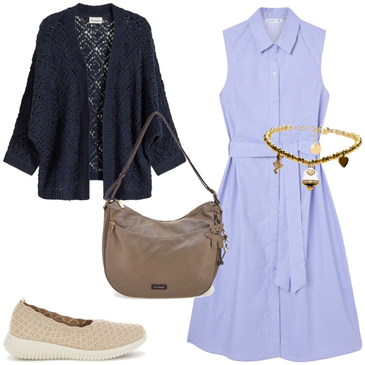 Outfit donna - Primavera 2026. Stile Romantica per Tutti i giorni. Abbinamento con cardigans, vestiti chemisier, braccialetti, ballerine, borse a spalla.