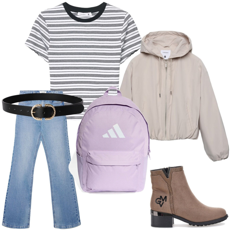 Outfit donna - Casual, primavera 2026. Stile Casual per Scuola/Università. Abbinamento con cinture, bomber, t-shirt, jeans bootcut, stivaletti, zaini.