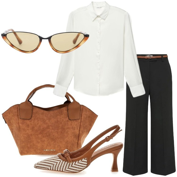 Outfit donna - Riunione in ufficio. Stile Minimal per Ufficio. Abbinamento con pantaloni, camicie, occhiali da sole, borse a mano, décolleté.