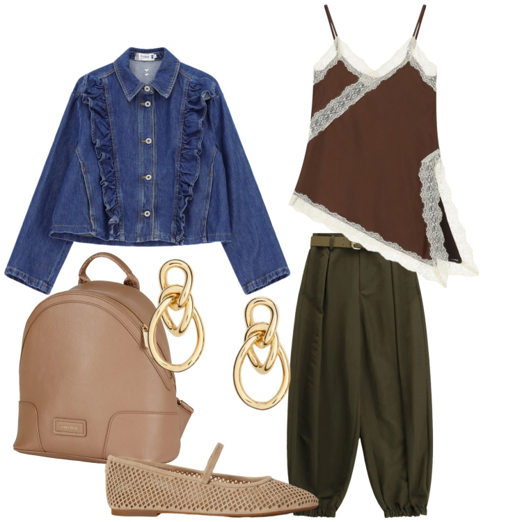 Outfit donna - Contrasti Romantici. Stile Casual chic per Tutti i giorni. Abbinamento con zaini, blazer, canottiere, pantaloni, orecchini, ballerine.