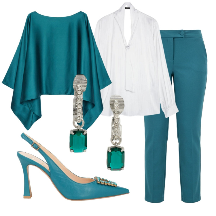Outfit donna - Total look #2394523. Stile Chic per Cerimonia. Abbinamento con décolleté, pantaloni, cappe, bluse, orecchini.