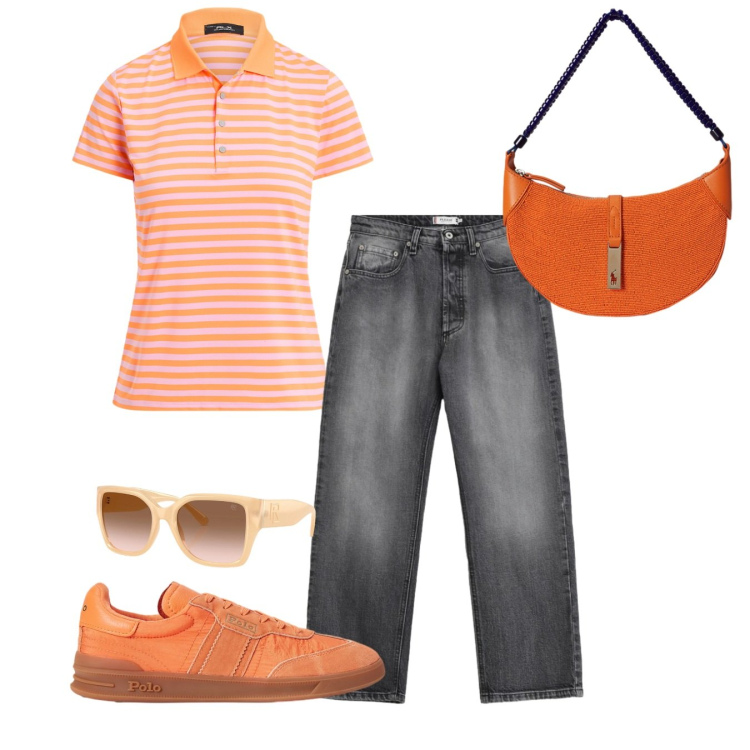 Outfit donna - Total look. Stile Casual per Tutti i giorni. Abbinamento con jeans, borse a spalla, sneakers, polo, occhiali da sole.