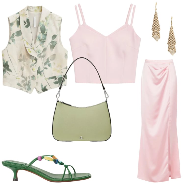 Outfit donna - L\'outfit Trendy. Stile Trendy per Cerimonia. Abbinamento con gilet, gonne lunghe, top, borse a spalla, orecchini, sandali gioiello.