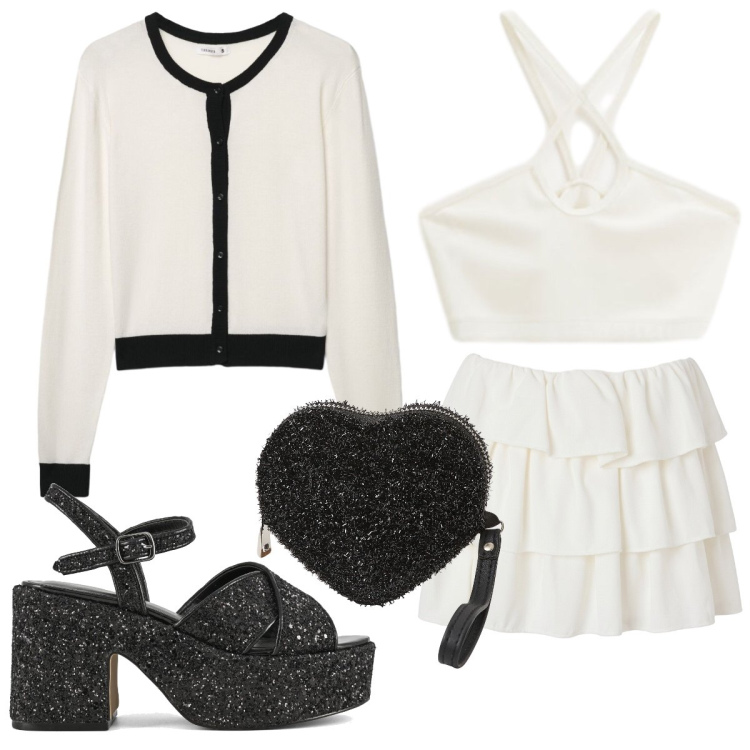 Outfit donna - Glitter. Stile Trendy per Serata fuori. Abbinamento con portafogli, cardigans, minigonne, top, sandali.