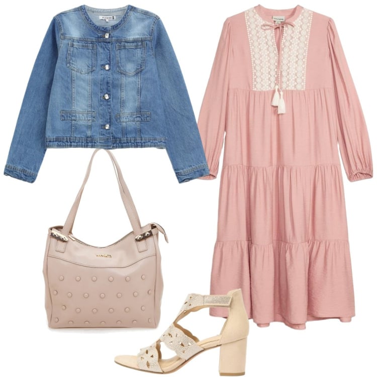 Outfit donna - Boho stile. Stile Boho per Tutti i giorni. Abbinamento con sandali col tacco, vestiti midi/longuette, blazer, shopping bag.