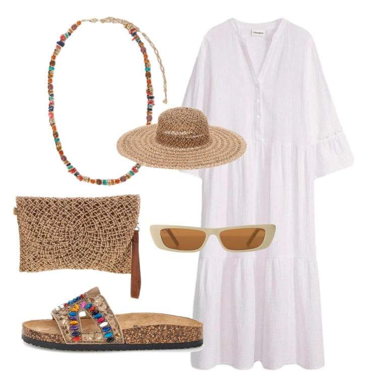 Outfit donna - Look da mare. Stile 70s per Mare. Abbinamento con vestiti chemisier, occhiali da sole, collane, sandali, borse a tracolla, cappelli.