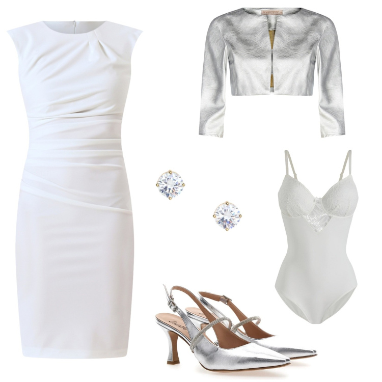 Outfit donna - Mi sposo a maggio!. Stile Chic per Cerimonia. Abbinamento con body, vestiti a tubino, bolero, orecchini, décolleté.