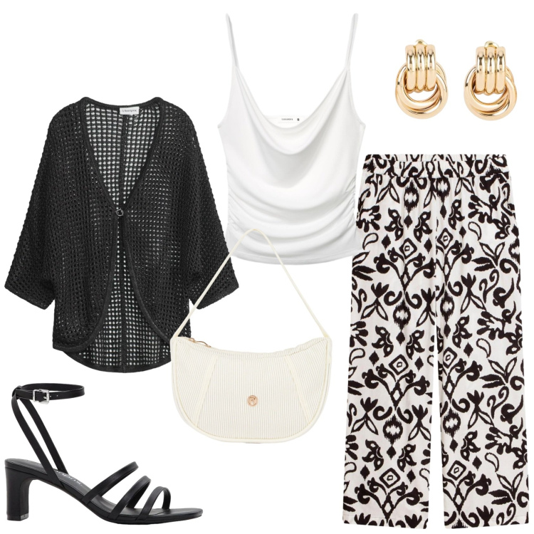Outfit donna - Il bianco e il nero. Stile Trendy per Tutti i giorni. Abbinamento con orecchini, cardigans, sandali col tacco, pantaloni, canottiere, borse a mano.