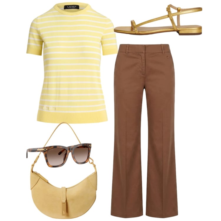 Outfit donna - Total look. Stile Bon Ton per Tutti i giorni. Abbinamento con pantaloni, occhiali da sole, borse a spalla, sandali in pelle, t-shirt.