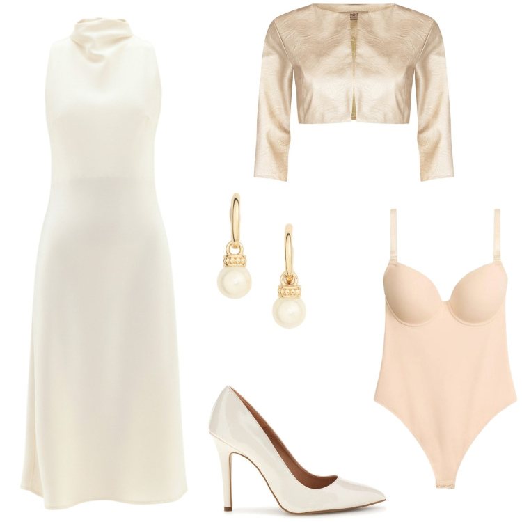 Outfit donna - Mi sposo a maggio!. Stile Chic per Cerimonia. Abbinamento con body, bolero, vestiti midi/longuette, orecchini, décolleté.