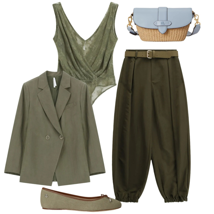 Outfit donna - Total green. Stile Bon Ton per Tutti i giorni. Abbinamento con top, blazer, pantaloni, borse a spalla, ballerine.