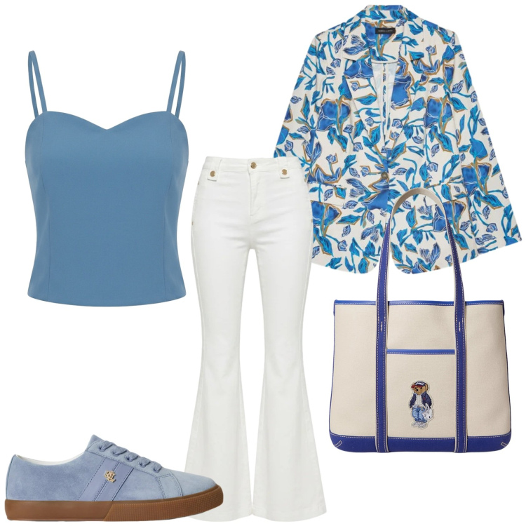 Outfit donna - Il casual chic. Stile Casual chic per Serata fuori. Abbinamento con pantaloni chino, canottiere, blazer, borse tote, sneakers.