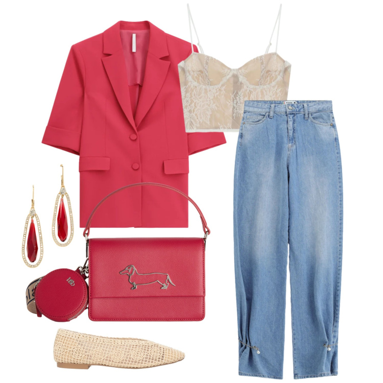 Outfit donna - Maggio. Stile Casual chic per Tutti i giorni. Abbinamento con ballerine, borse a tracolla, jeans, blazer, canottiere, orecchini.