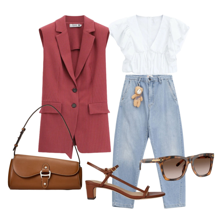 Outfit donna - Maggio. Stile Casual chic per Tutti i giorni. Abbinamento con gilet, jeans, top, borse a spalla, occhiali da sole, sandali in pelle.