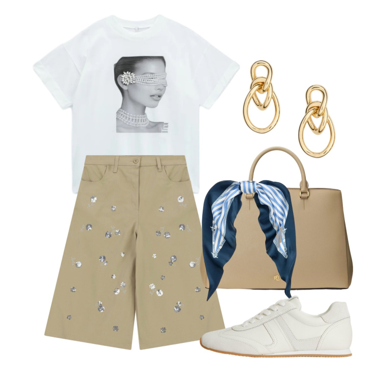 Outfit donna - Maggio. Stile Casual chic per Tutti i giorni. Abbinamento con bermuda, t-shirt, orecchini, foulard, borse a mano, sneakers.
