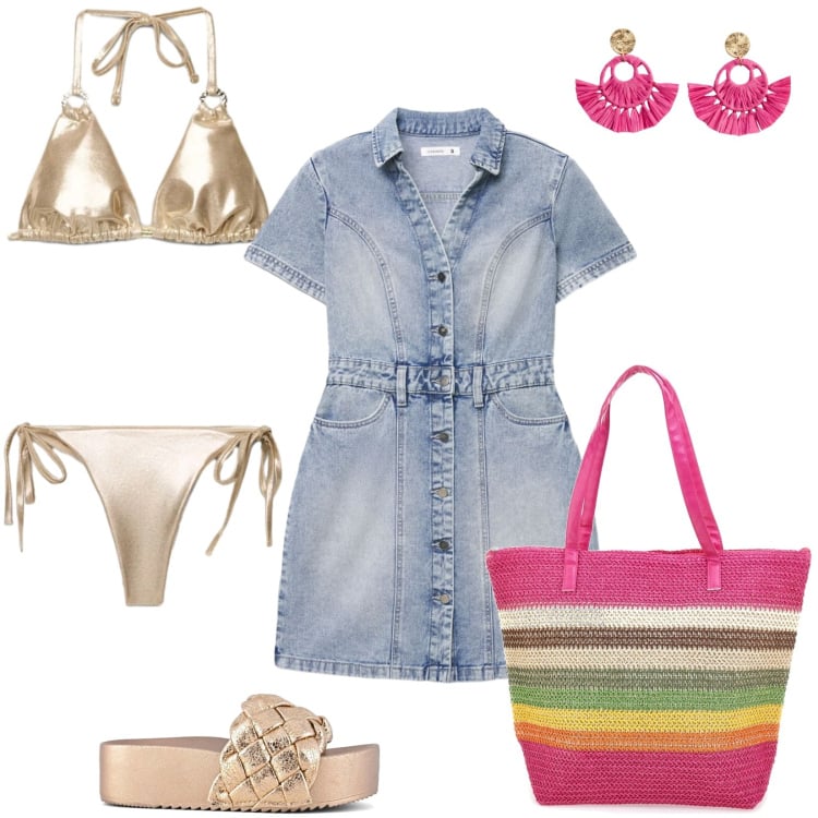 Outfit donna - Al mare ricoperta d\'oro. Stile Glamour per Mare. Abbinamento con orecchini, vestiti corti, bikini, bikini, sandali, shopping bag.