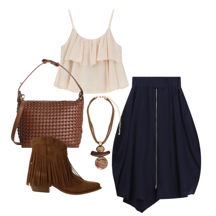 Outfit donna - Maggio. Stile Trendy per Tutti i giorni. Abbinamento con borse a spalla, top, gonne longuette, stivaletti texani, ciondoli.