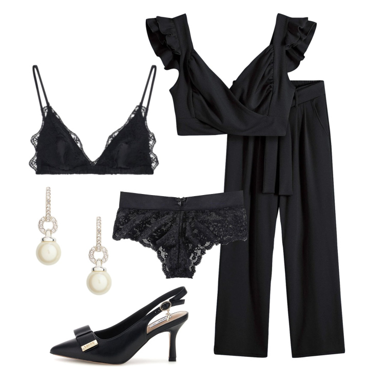 Outfit donna - Maggio. Stile Chic per Serata fuori. Abbinamento con tute, culotte, reggiseni, orecchini, décolleté.