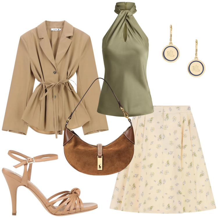 Outfit donna - Primavera 2026. Stile Glamour per Serata fuori. Abbinamento con sandali in pelle, blazer, gonne longuette, borse a spalla, orecchini, bluse.